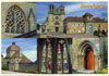 Carte postale porterie, prieuré, vitraux et façade de l'église prieurale.